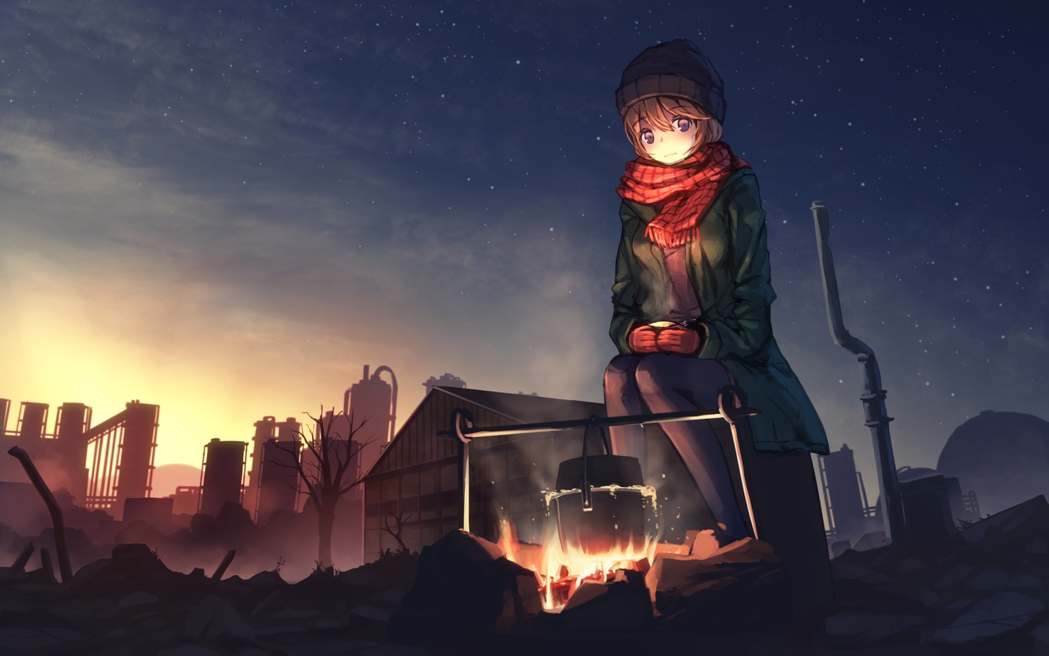 brown_hair, clouds, fire, food, gloves, hat, industrial, original
