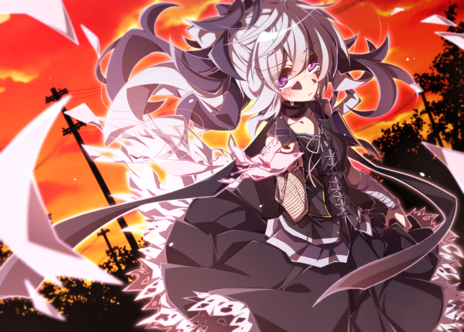 aosaki_yato, bandage, blush, crying, flower_(vocaloid), long_hair, purple_eyes, skirt