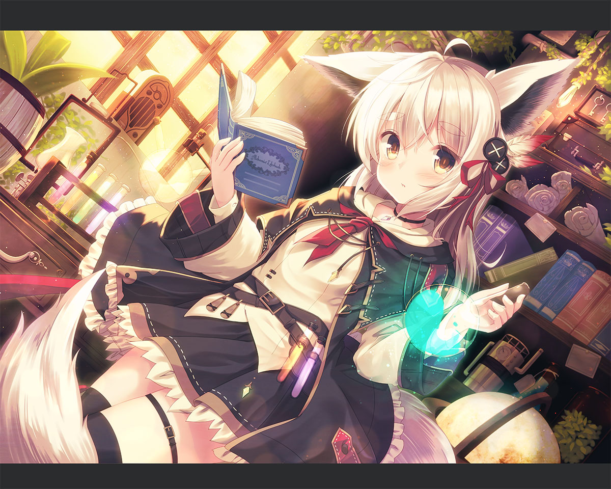 animal_ears, blonde_hair, book, brown_eyes, foxgirl, jpeg_artifacts, leaves, long_hair