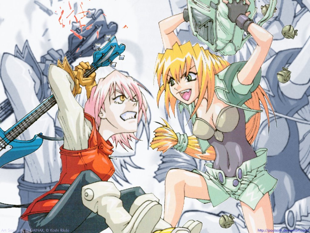 crossover, excel, excel_saga, flcl, guitar, haruhara_haruko, instrument, pink_hair