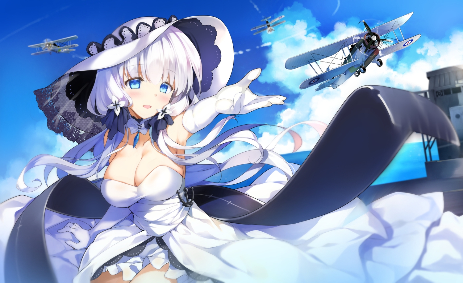 aircraft, anthropomorphism, aqua_eyes, azur_lane, blush, breasts, cleavage, clouds