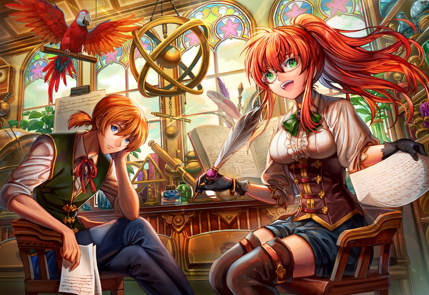 animal, bird, blue_eyes, boots, bow, ells, feathers, glasses