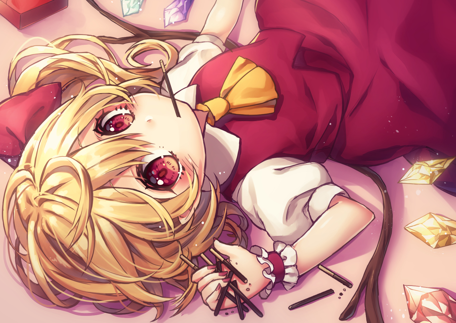 blonde_hair, blush, flandre_scarlet, food, kyouda_suzuka, loli, pocky, red_eyes