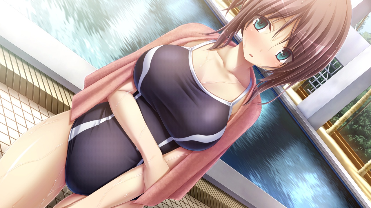 aoi_tori, aqua_eyes, breasts, brown_hair, game_cg, koku, pool, purple_software, school_swimsuit, short_hair, swimsuit, towel, umino_akari, water, wet