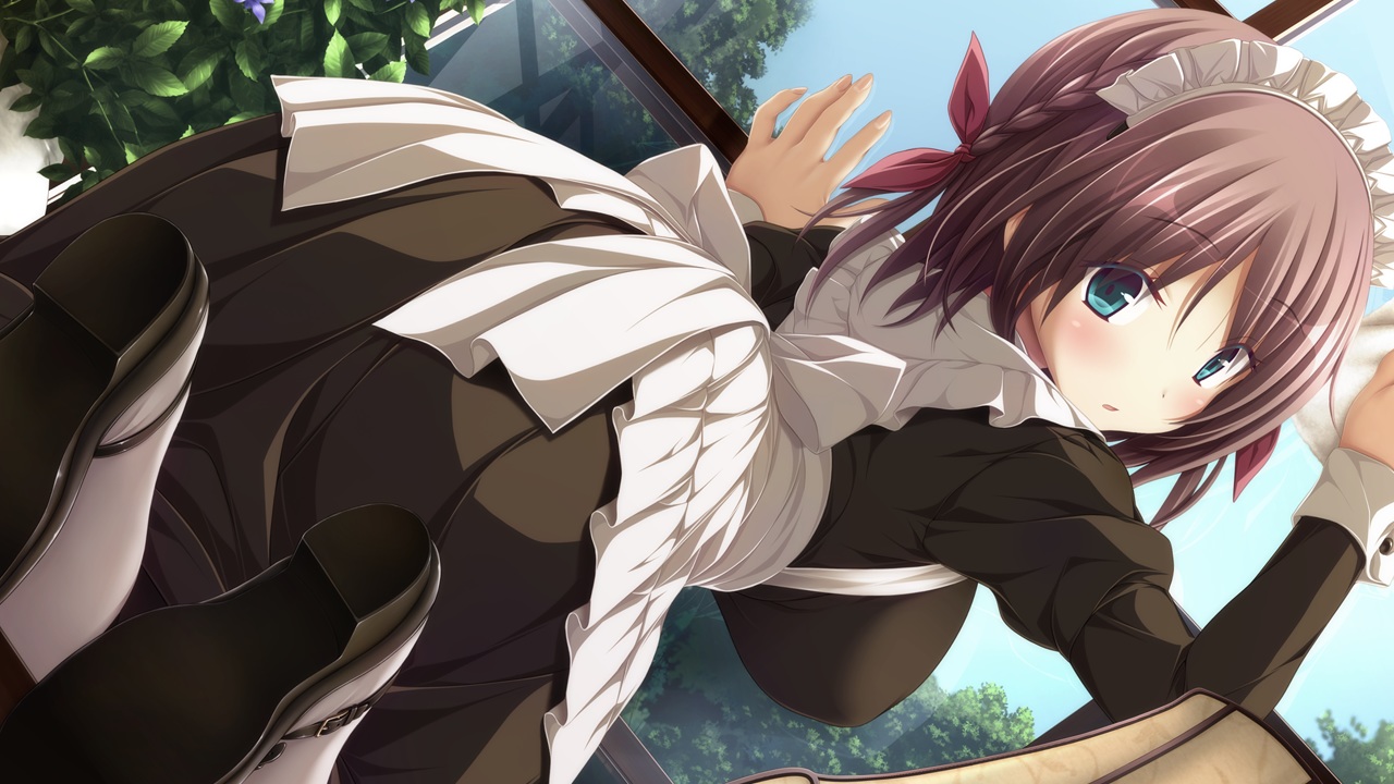 aoi_tori, apron, aqua_eyes, breasts, brown_hair, flowers, game_cg, headdress