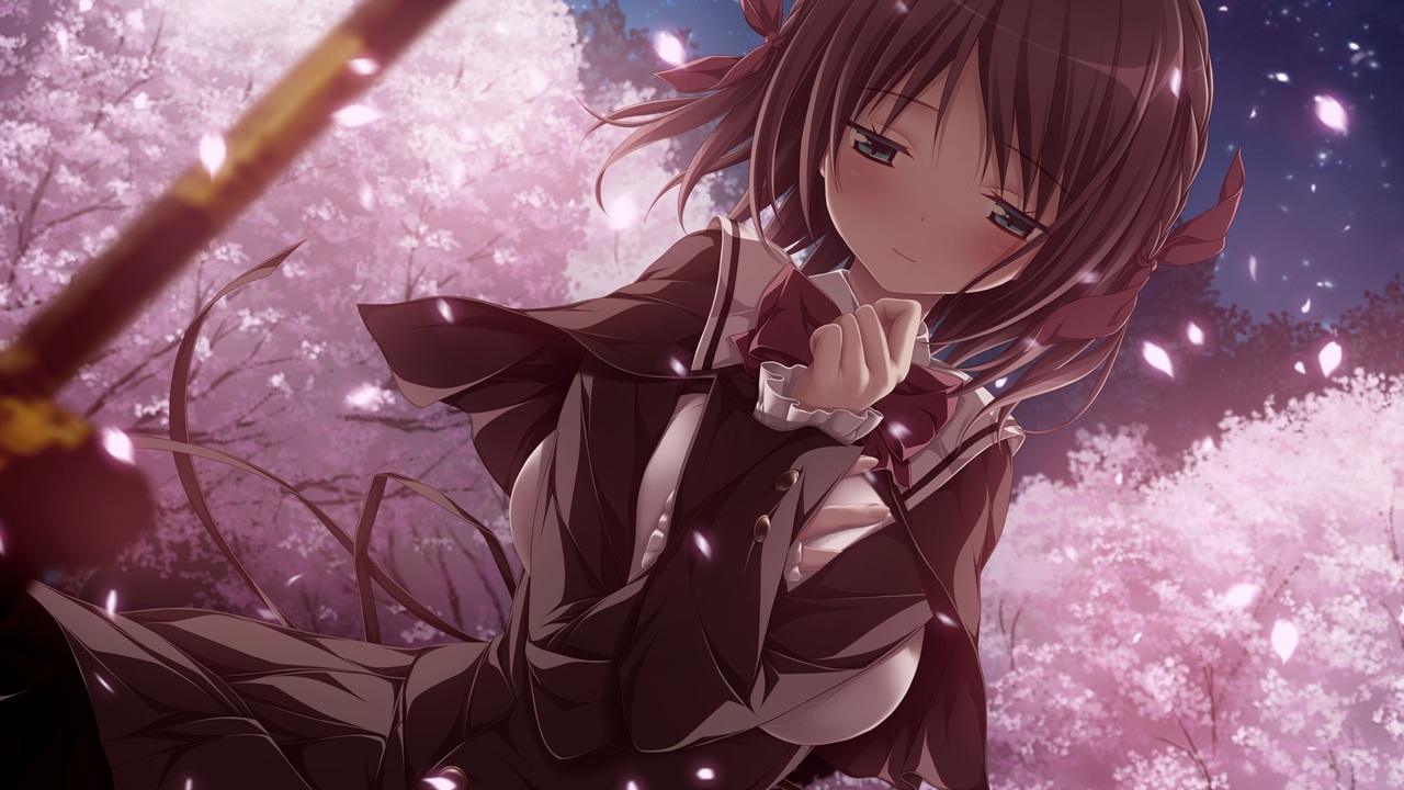 aoi_tori, aqua_eyes, braids, brown_hair, cherry_blossoms, flowers, game_cg, koku