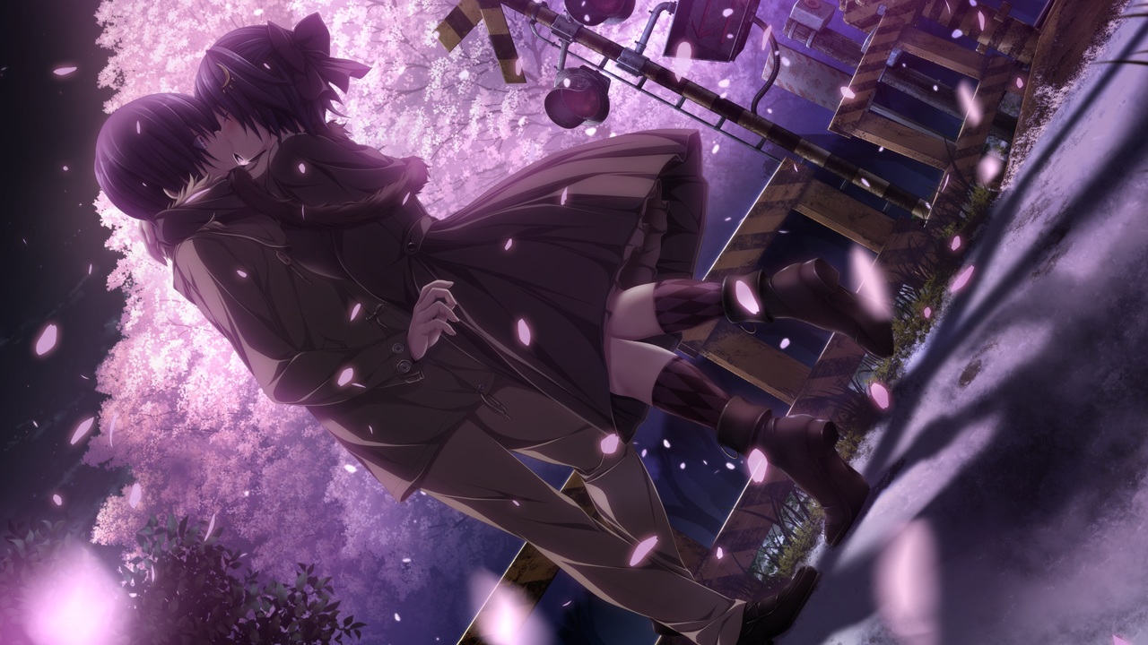 aoi_tori, boots, cherry_blossoms, flowers, game_cg, hug, kiss, kneehighs