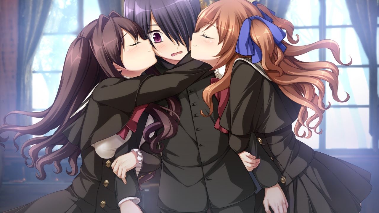 akasabi_mikako, akasabi_risa, akio, aoi_tori, blush, brown_hair, game_cg, koku, male, purple_software, school_uniform, shiratori_ritsu, short_hair, skirt