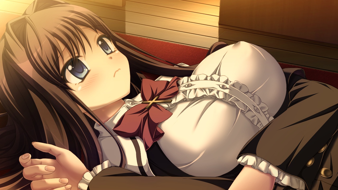 akasabi_risa, akio, aoi_tori, aqua_eyes, blush, bow, breasts, brown_hair, cross, game_cg, long_hair, purple_software, school_uniform