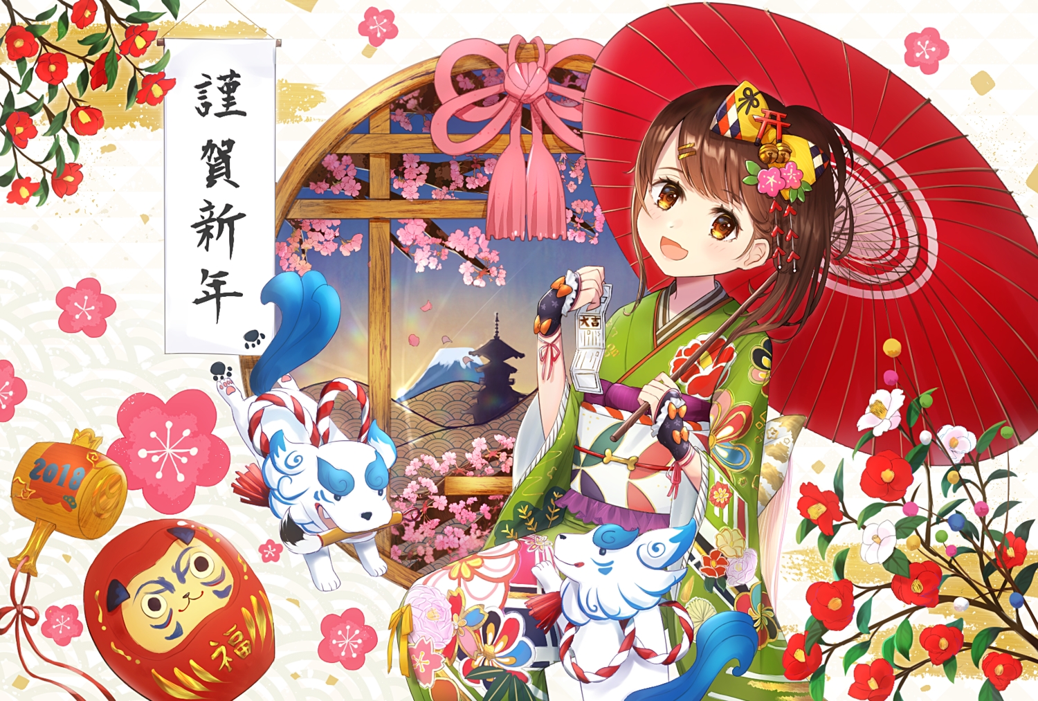 animal, bow, brown_eyes, brown_hair, cherry_blossoms, flowers, japanese_clothes, omelet_tomato