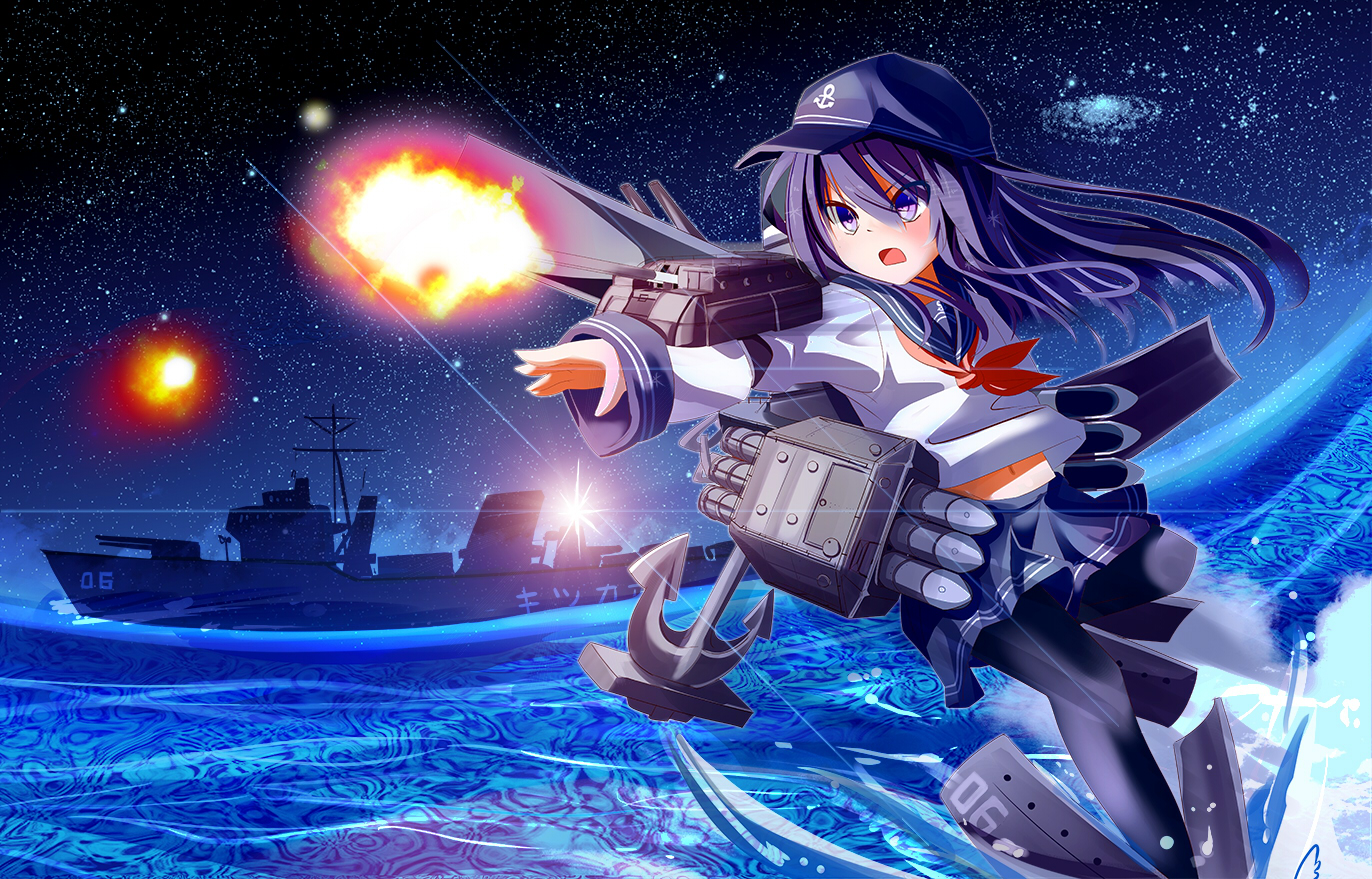 akatsuki_(kancolle), anthropomorphism, hat, kantai_collection, kironxx, stars, water, weapon