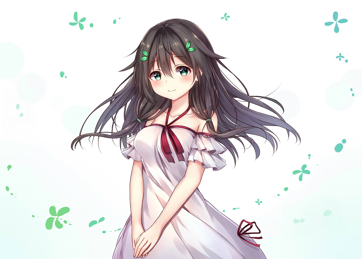 black_hair, blush, dress, green_eyes, long_hair, original, summer_dress, white