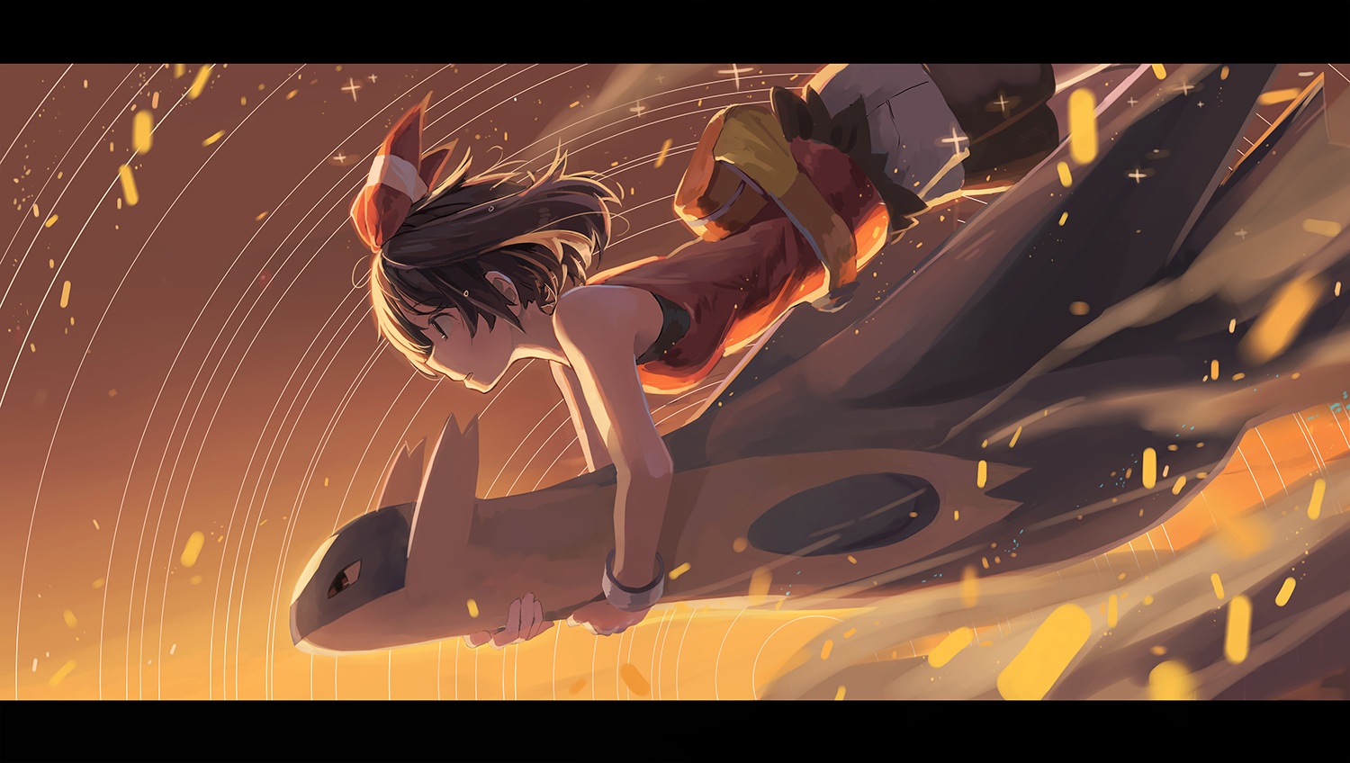 animal, bike_shorts, black_eyes, brown_hair, haruka_(pokemon), huanxiang_huifeng, latios, pokemon