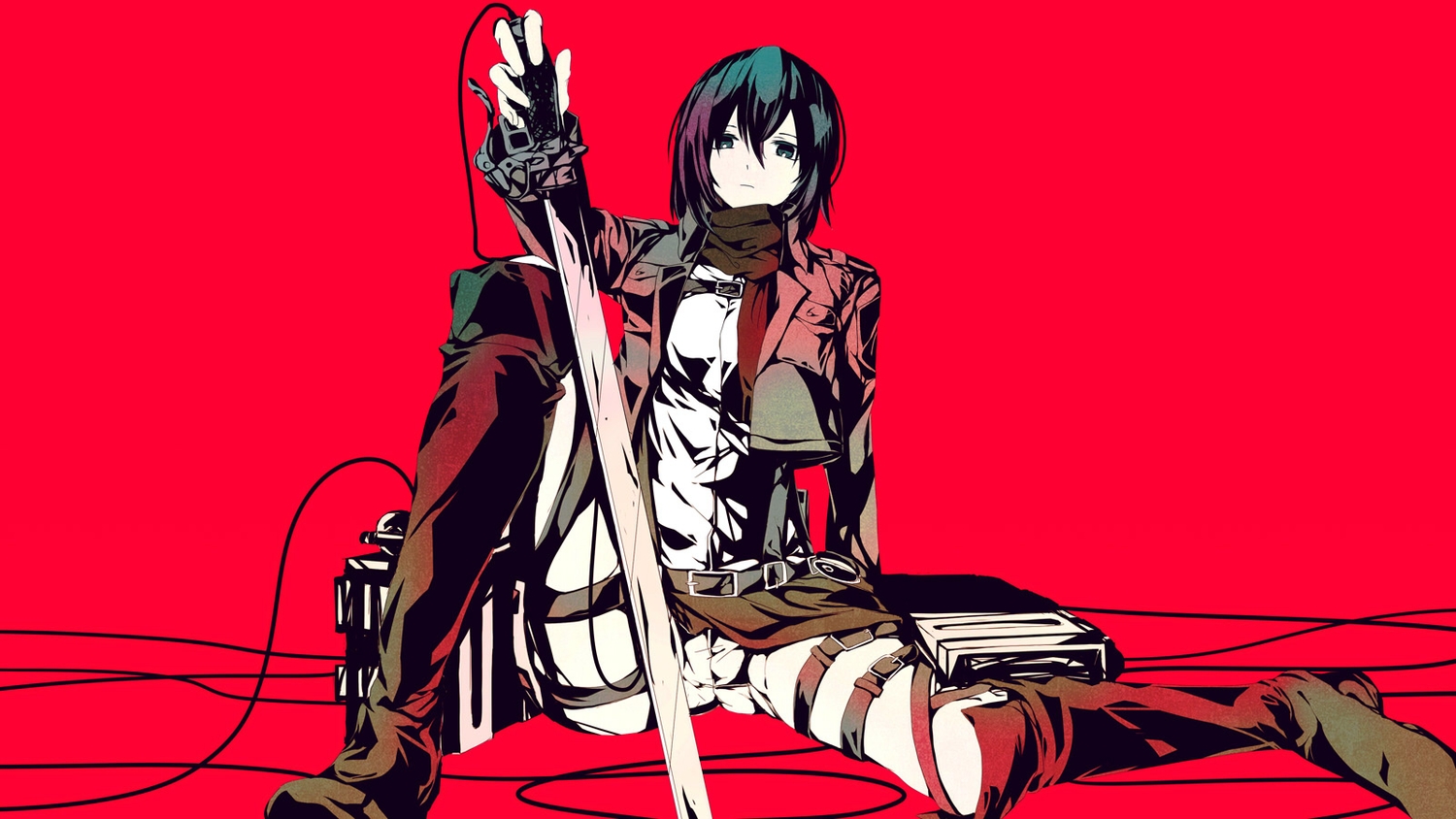 black_hair, meola, mikasa_ackerman, red, scarf, shingeki_no_kyojin, short_hair, sword