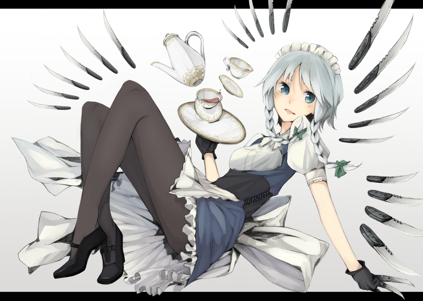 blue_eyes, bow, braids, corset, dress, drink, gloves, gray_hair, hayashi_kewi, headdress, izayoi_sakuya, knife, maid, pantyhose, touhou, twintails, weapon