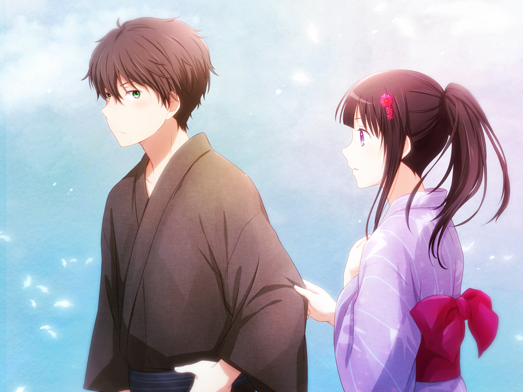 arya_(artist), black_hair, brown_hair, chitanda_eru, green_eyes, hyouka, japanese_clothes, kimono, long_hair, male, oreki_houtarou, ponytail, purple_hair, short_hair