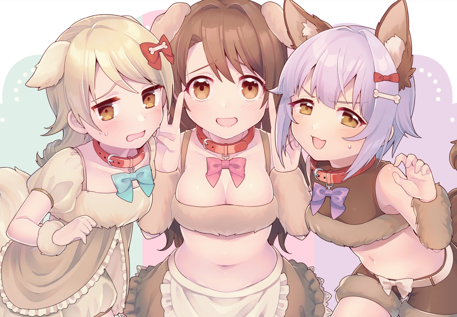 aliasing, animal_ears, apron, blonde_hair, blush, bow, breasts, brown_eyes, brown_hair, cat_smile, cleavage, collar, doggirl, idolmaster, idolmaster_cinderella_girls, koshimizu_sachiko, long_hair, morikubo_nono, navel, purple_hair, shimamura_uzuki, short_hair, shorts, skirt, tail, uso_(ameuzaki), wristwear