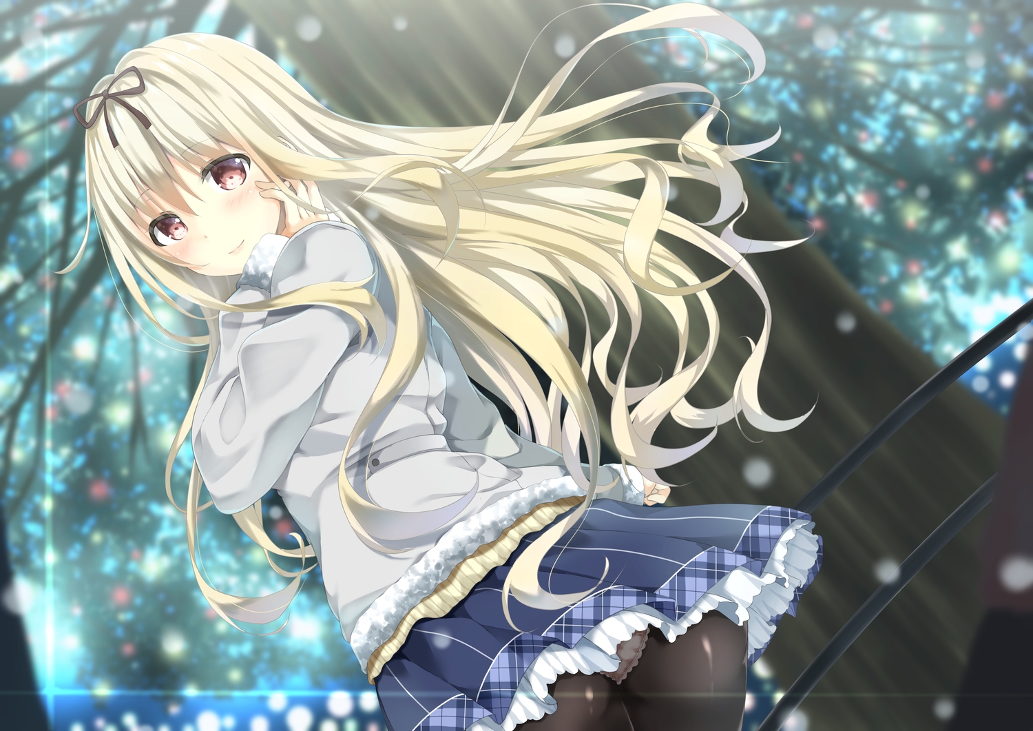 ass, blonde_hair, blush, christmas, kinakomochi_(egoist), long_hair, original, panties, pantyhose, red_eyes, tree, underwear, winter