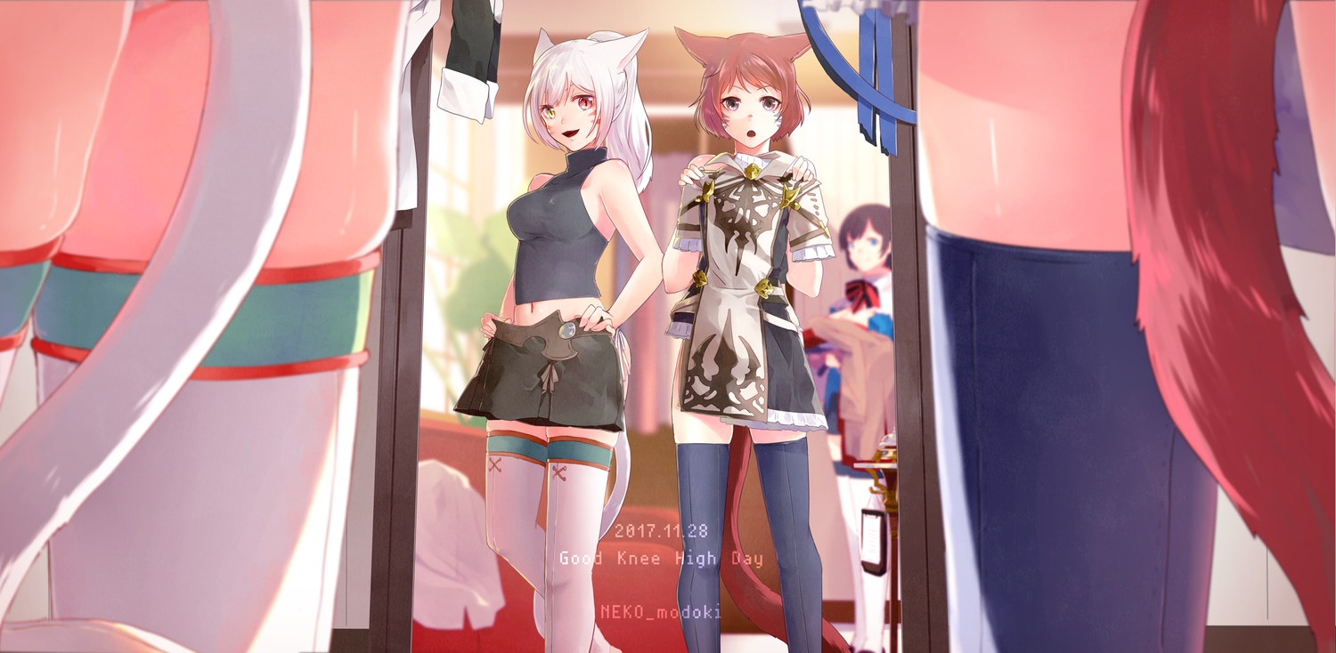 animal_ears, bicolored_eyes, blue_eyes, brown_hair, catgirl, final_fantasy, final_fantasy_xiv, gray_eyes, gray_hair, lili_mdoki, long_hair, miqo'te, navel, pink_eyes, pink_hair, short_hair, skirt, tail, thighhighs, watermark, yellow_eyes