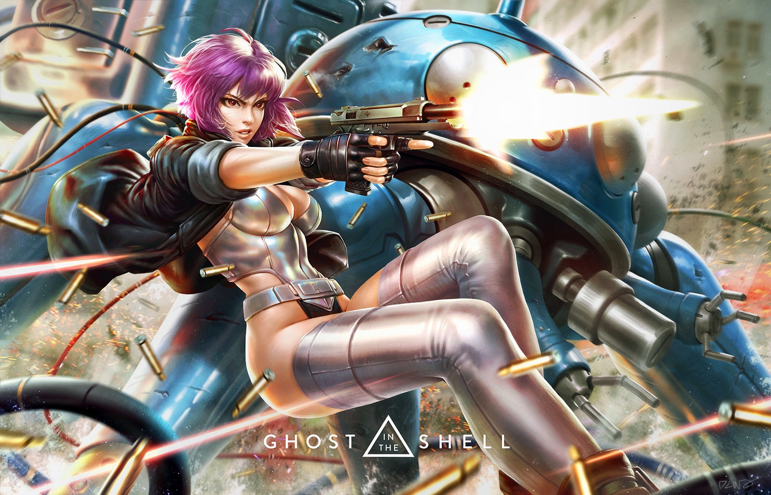 bodysuit, breasts, derrick_chew, ghost_in_the_shell, ghost_in_the_shell:_stand_alone_complex, gloves, gun, jpeg_artifacts