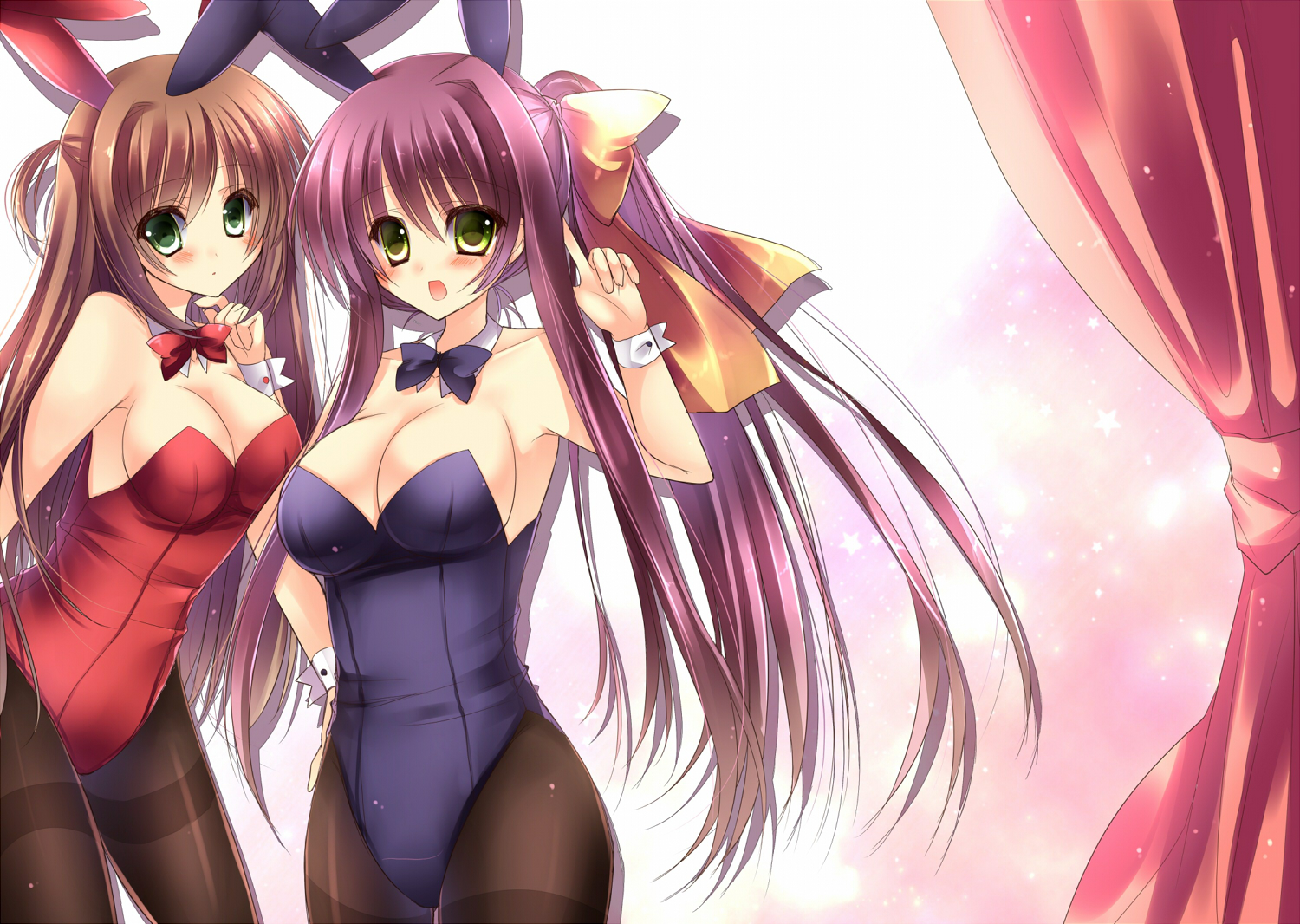2girls, animal_ears, breasts, brown_hair, bunny_ears, bunnygirl, cleavage, green_eyes