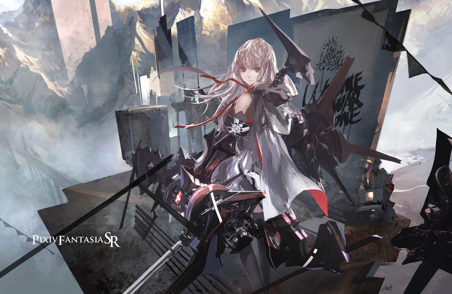 brown_hair, cape, lin+, long_hair, original, pixiv_fantasia, purple_eyes, signed