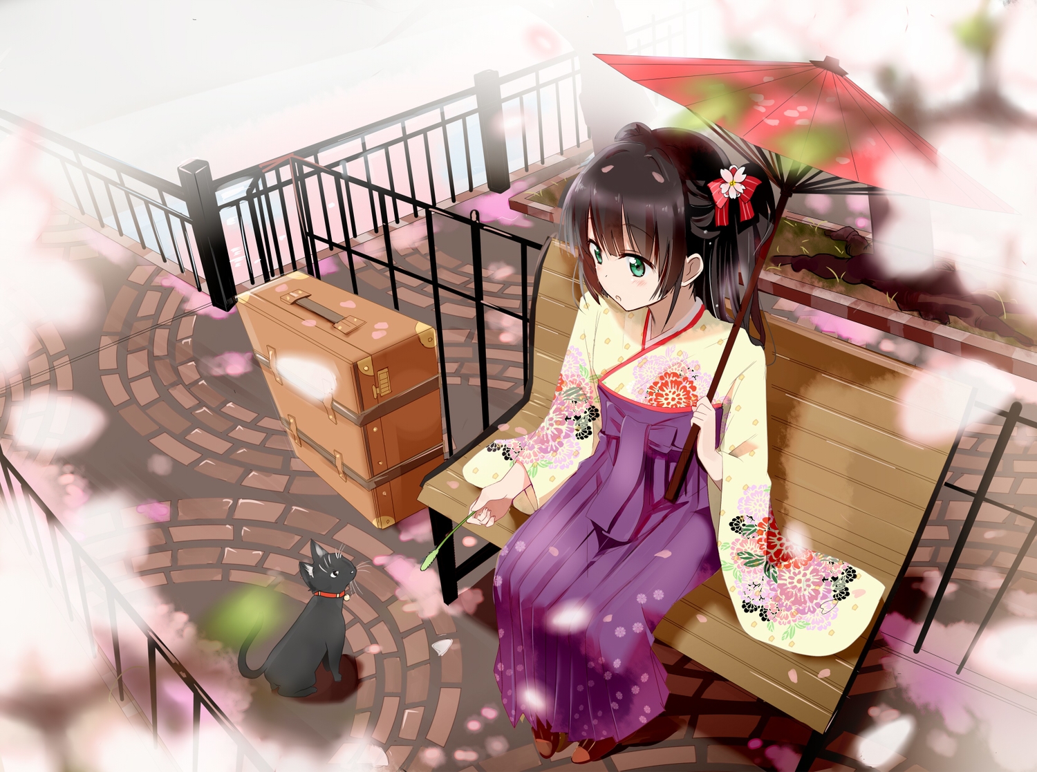 animal, black_hair, blush, cat, gochou_(comedia80), green_eyes, japanese_clothes, kimono, original, petals, umbrella