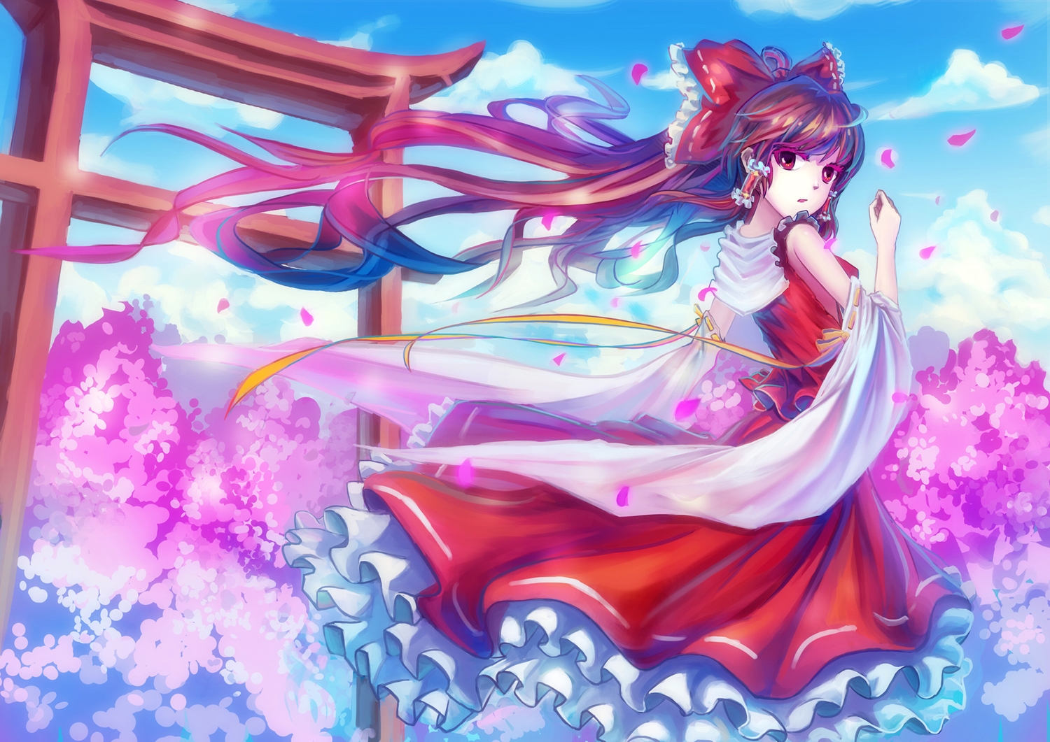 bow, hakurei_reimu, japanese_clothes, long_hair, miko, petals, qin, red_eyes