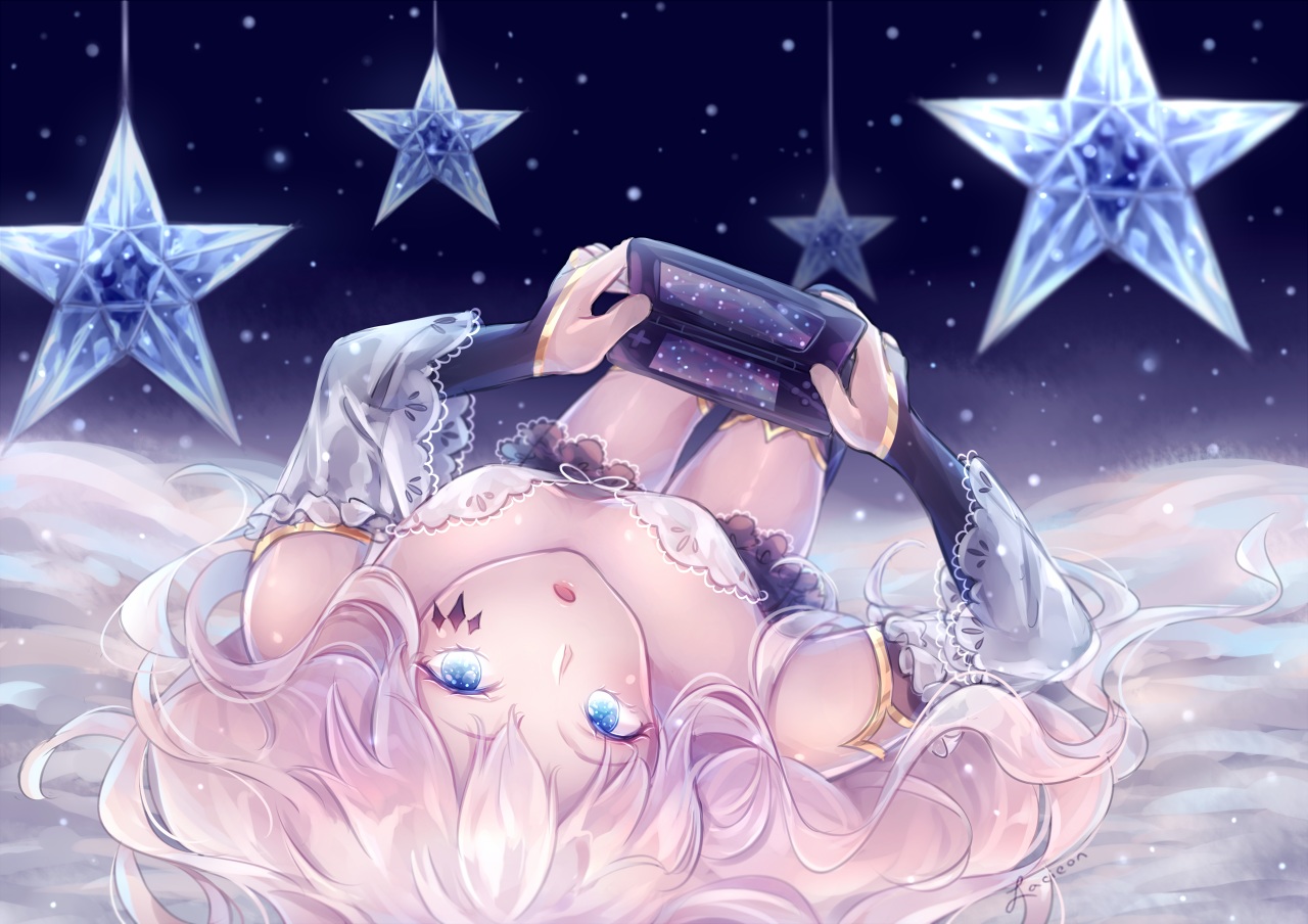aqua_eyes, blonde_hair, game_console, lacieon, long_hair, original, signed, thighhighs