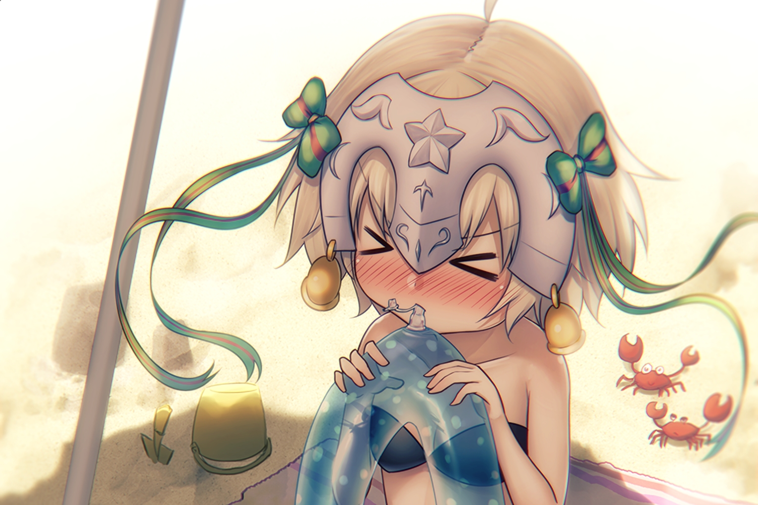 animal, bell, bikini_top, blonde_hair, blush, bow, crab, fal