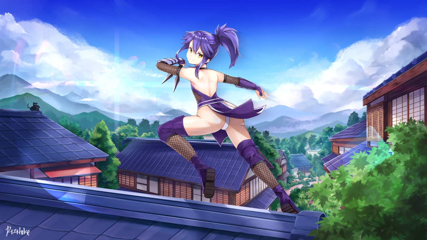 all_male, animal, ass, building, cat, clouds, elbow_gloves, gloves, landscape, long_hair, male, ninja, original, otoko_no_ko, panties, ponytail, purple_hair, rizihike, scenic, signed, sky, thighhighs, tree, underwear, weapon, yellow_eyes