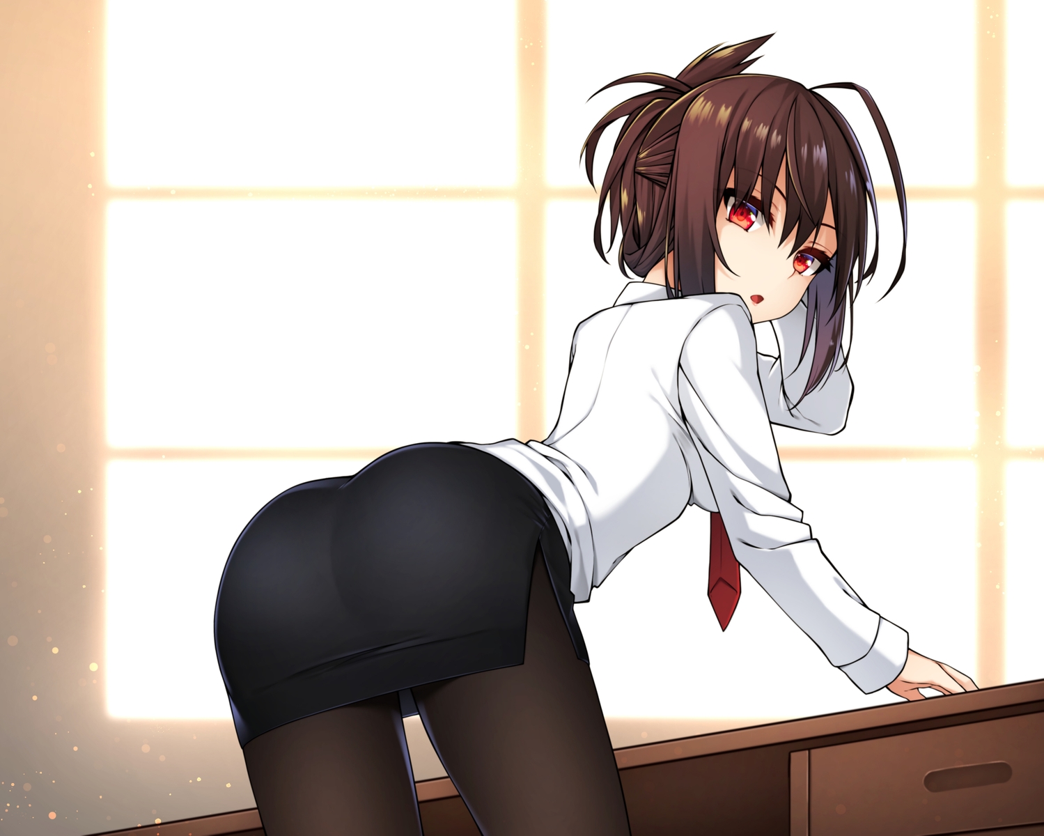 ass, brown_hair, helther, original, pantyhose, red_eyes, shirt, tie