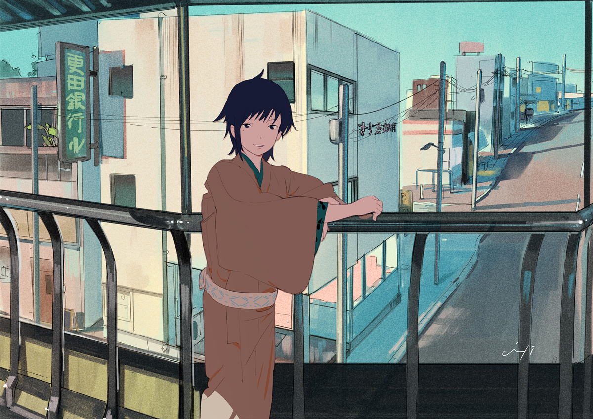 all_male, black_eyes, black_hair, building, city, japanese_clothes, male, original