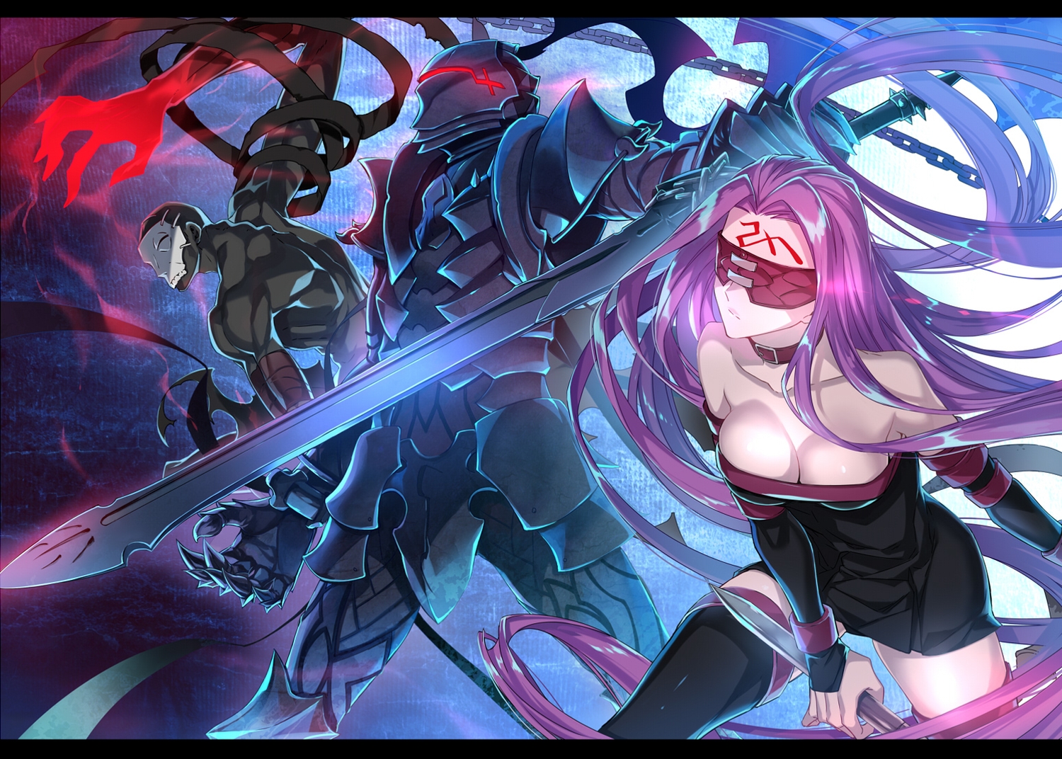 armor, blindfold, breasts, cleavage, cursed_arm_hassan, dress, fate_(series), fate/stay_night, lancelot_(fate), long_hair, male, purple_hair, rider, sword, tattoo, thighhighs, weapon, ycco_(estrella), zettai_ryouiki