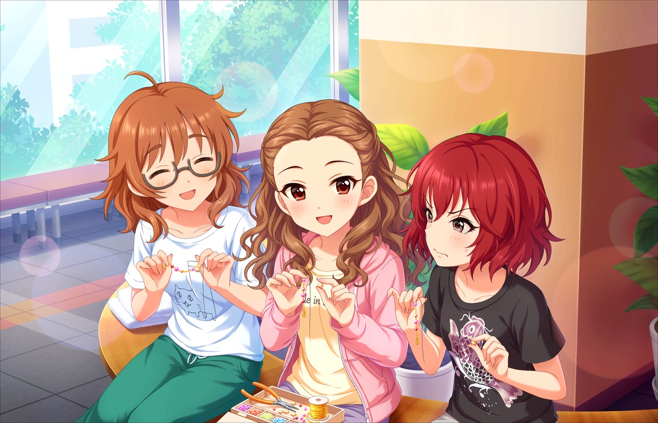 annin_doufu, araki_hina, brown_eyes, brown_hair, glasses, hood, idolmaster, idolmaster_cinderella_girls, idolmaster_cinderella_girls_starlight_stage, long_hair, murakami_tomoe, namba_emi, red_eyes, red_hair, short_hair