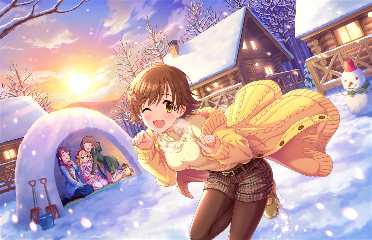 annin_doufu, blonde_hair, boots, brown_hair, building, clouds, fujiwara_hajime, group