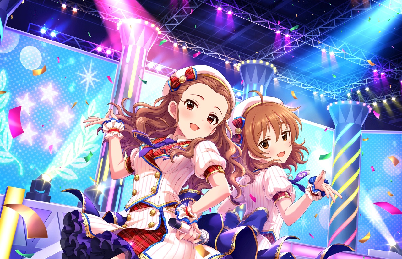 2girls, annin_doufu, araki_hina, bow, brown_hair, hat, idolmaster, idolmaster_cinderella_girls