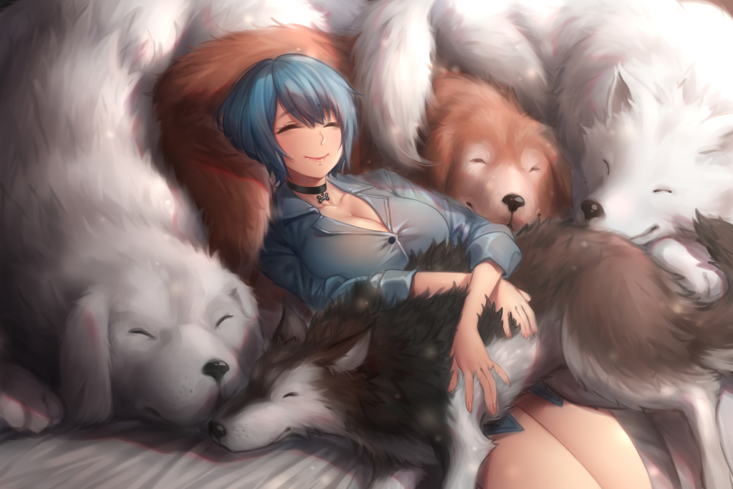 animal, blue_hair, breasts, choker, cleavage, dog, original, shirt, short_hair, sleeping, yin-ting_tian