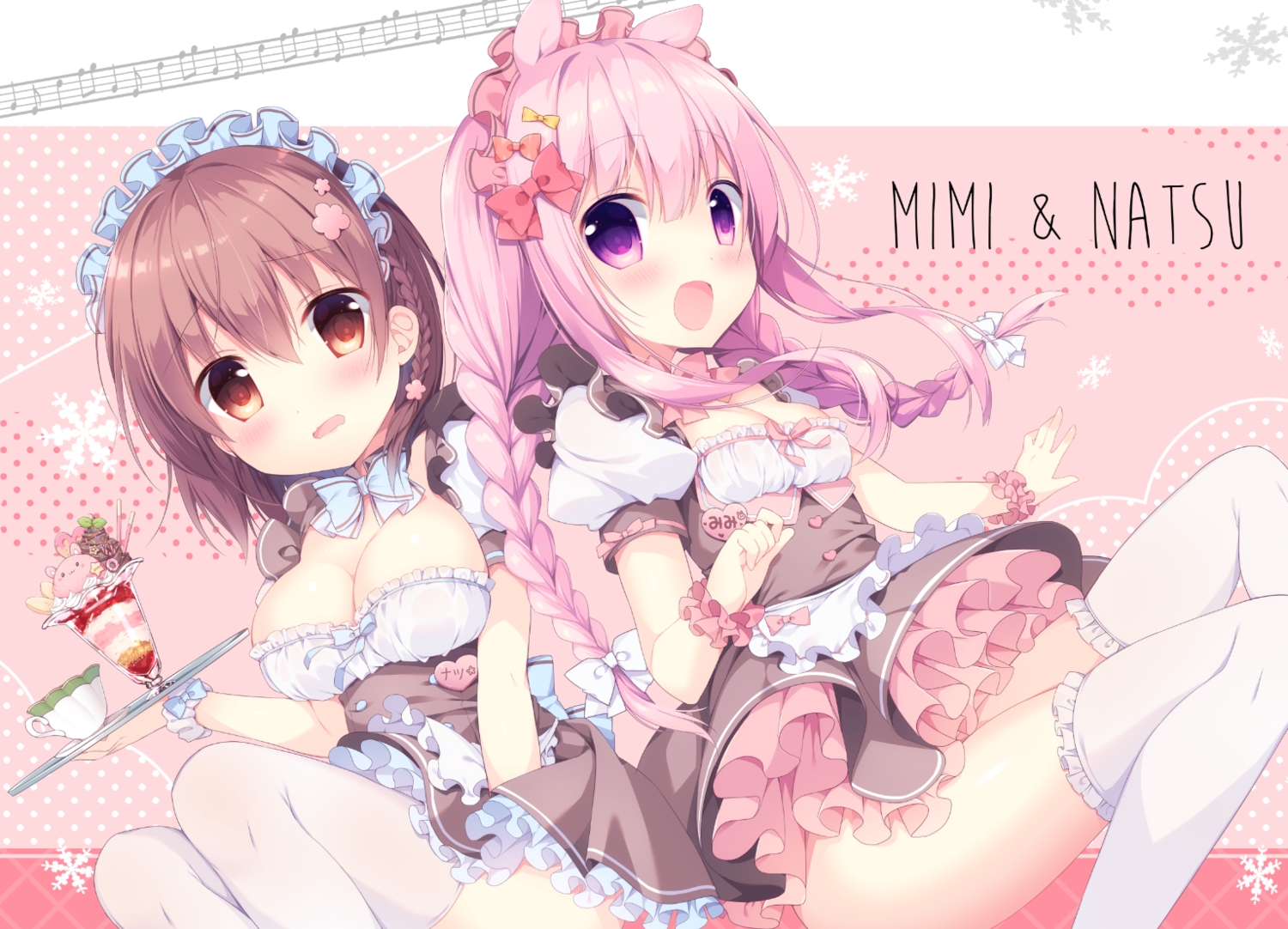 2girls, apron, blush, bow, braids, breasts, brown_eyes, brown_hair, food, headdress, hisagi_(puchimaple), ice_cream, long_hair, maid, original, pink_hair, purple_eyes, short_hair, thighhighs, waitress, wristwear
