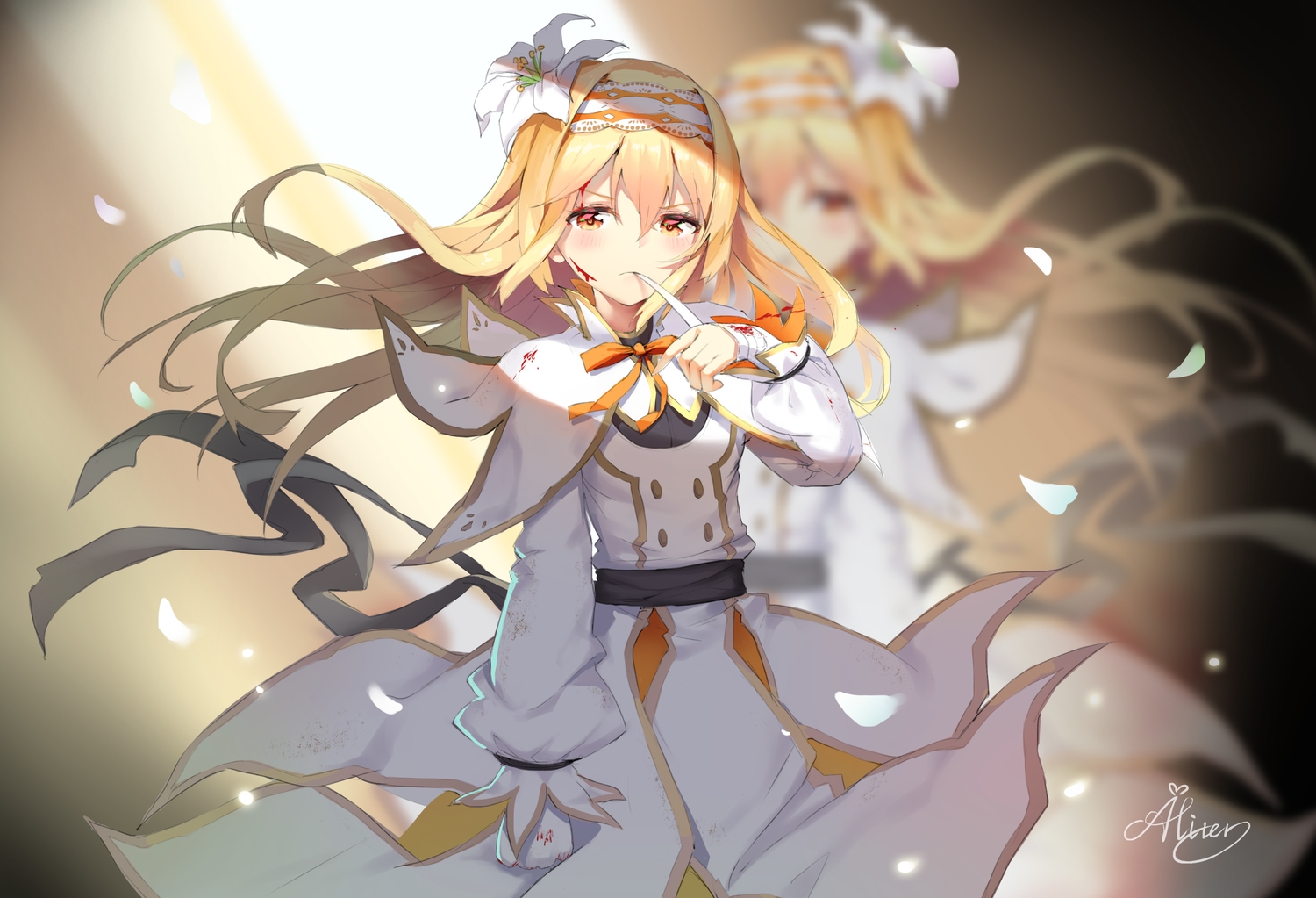 aliter, bandage, blonde_hair, blood, blush, bow, flowers, long_hair
