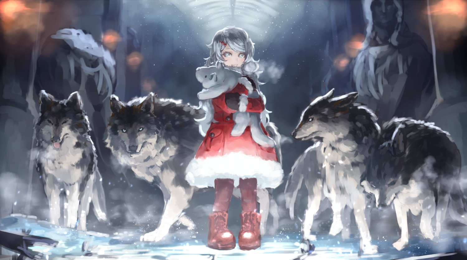 animal, aqua_eyes, boots, christmas, dress, long_hair, na_(oagenosuke), original, pantyhose, santa_costume, snow, white_hair, winter, wolf