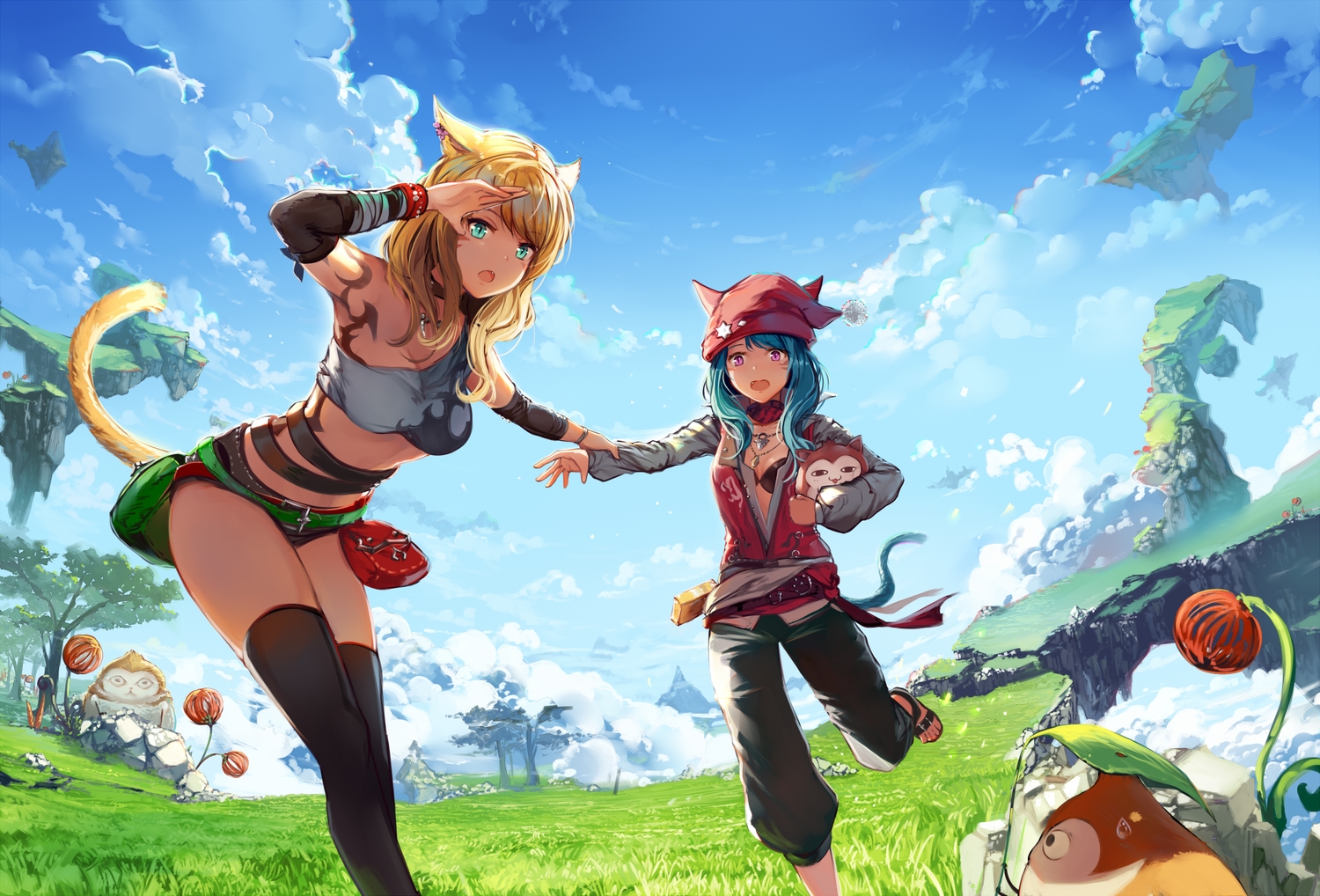 2girls, animal, animal_ears, aqua_eyes, bikini_top, blonde_hair, blue_hair, catgirl, fang, final_fantasy, final_fantasy_xiv, hat, long_hair, miqo'te, monk_(final_fantasy), natsumoka, purple_eyes, shorts, sky, tail, tattoo, thighhighs