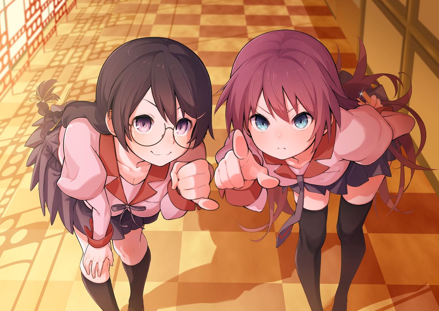2girls, aqua_eyes, bakemonogatari, black_hair, braids, cat_smile, glasses, hanekawa_tsubasa, keije, kneehighs, long_hair, monogatari_(series), ponytail, purple_eyes, purple_hair, school_uniform, senjougahara_hitagi, skirt, thighhighs, tie