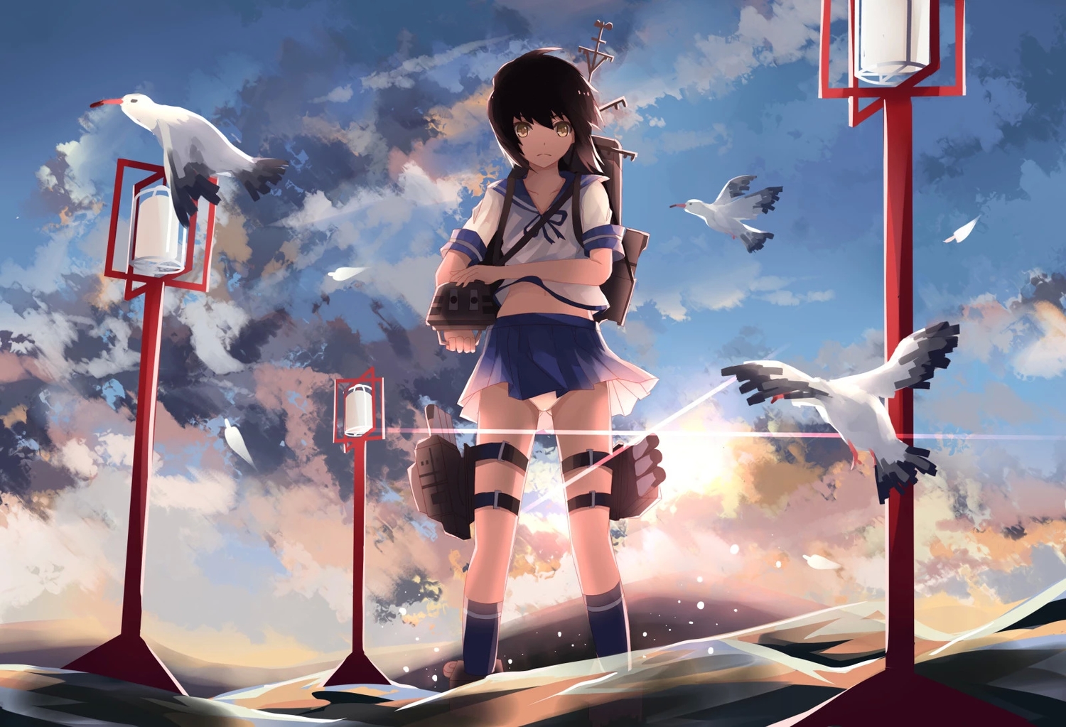 animal, anthropomorphism, bird, brown_hair, clouds, feathers, fubuki_(kancolle), jpeg_artifacts, kantai_collection, .l.l, navel, panties, school_uniform, short_hair, skirt, sky, socks, striped_panties, underwear, water, yellow_eyes