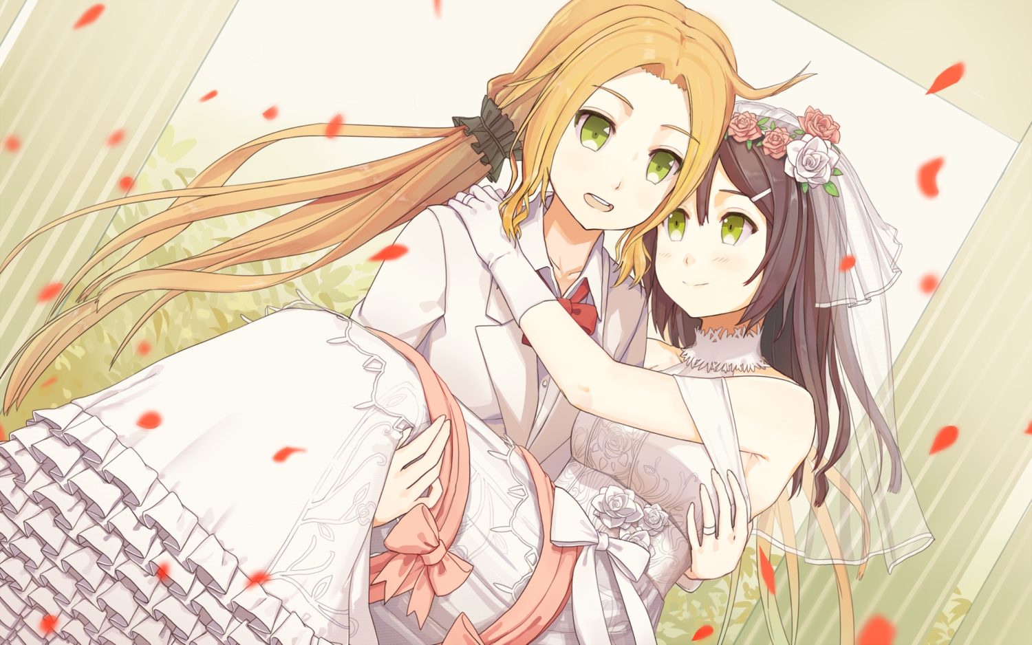 2girls, black_hair, blonde_hair, bow, gloves, green_eyes, headdress, inubouzaki_fuu