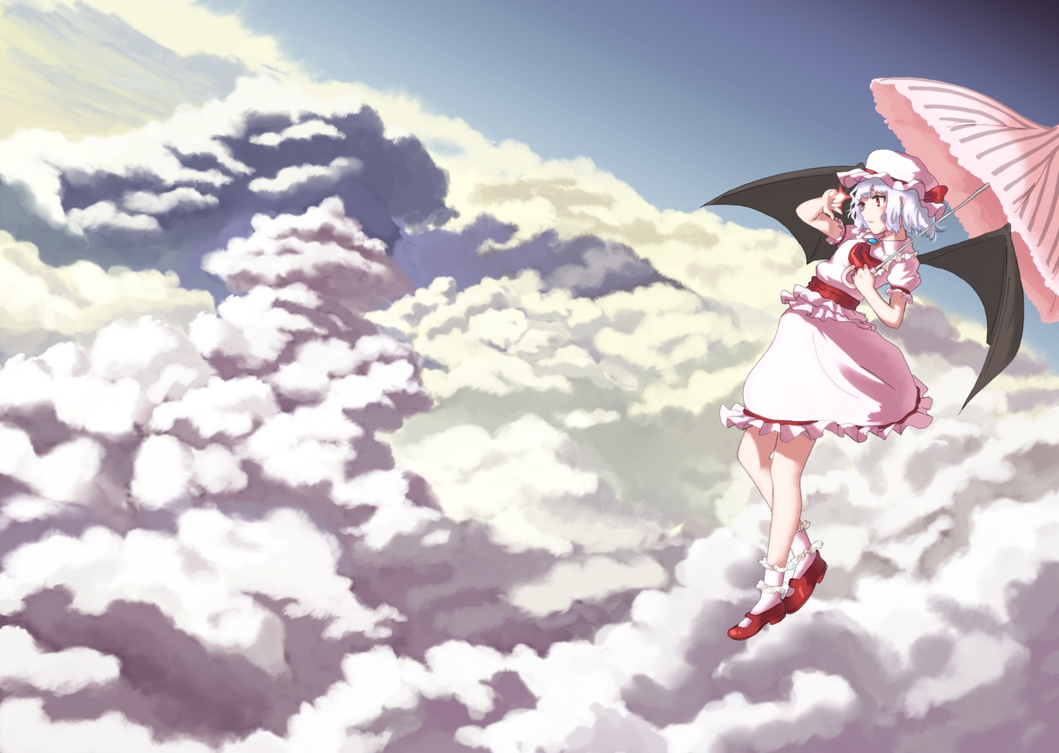 blue_hair, clouds, dress, hat, kujou_natsume, red_eyes, remilia_scarlet, sky, touhou, umbrella, vampire, wings