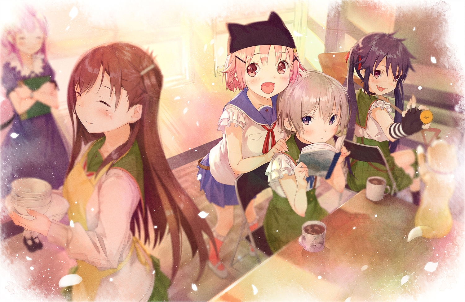 animal, dog, dress, drink, ebisuzawa_kurumi, gakkou_gurashi!, naoki_miki, sakura_megumi