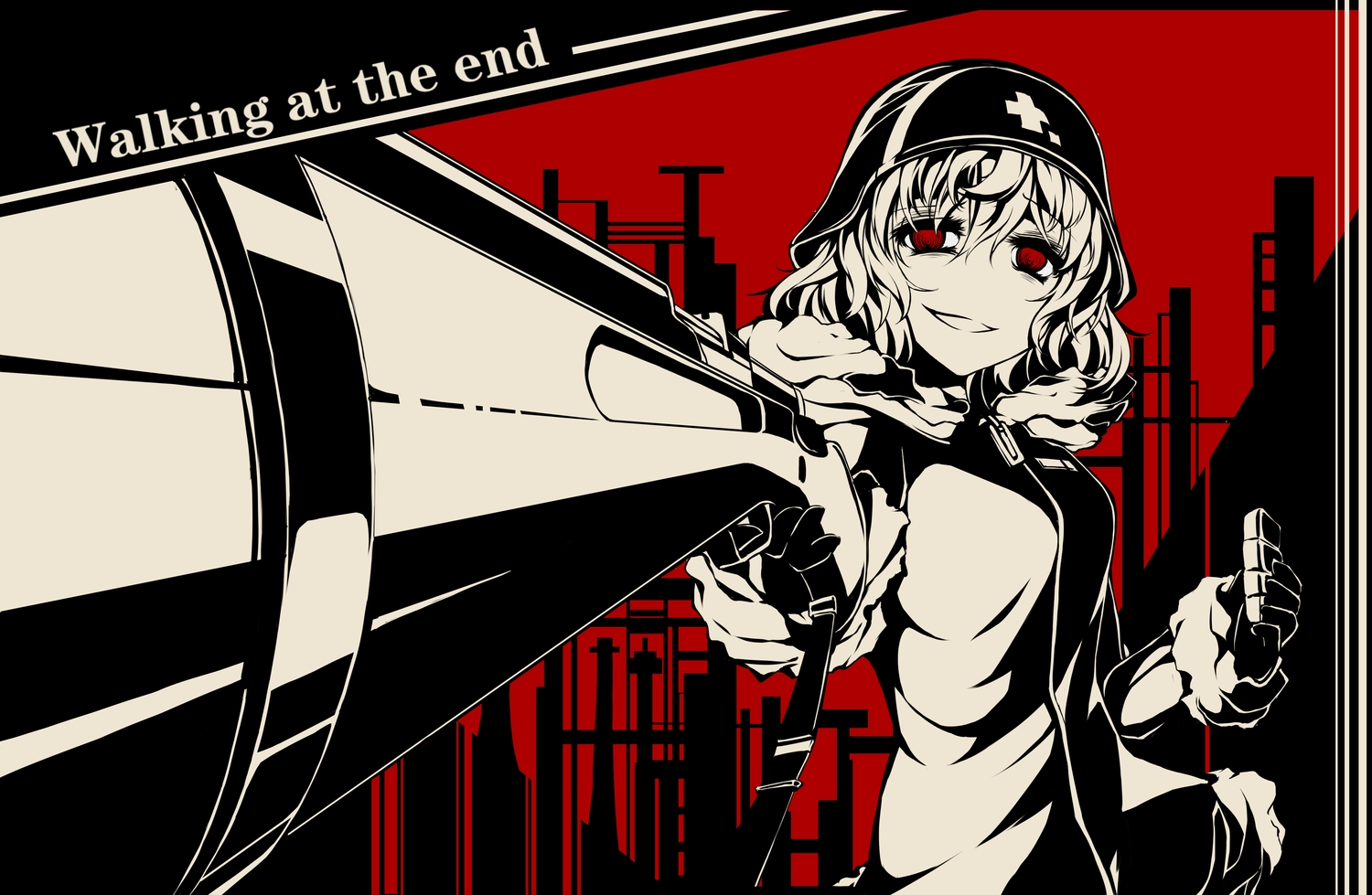 anotoki_ashi, food, gun, polychromatic, red, red_eyes, short_hair, shoujo_shuumatsu_ryoukou, uniform, weapon, white_hair, yuuri