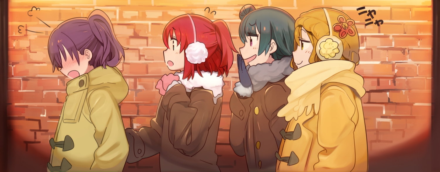 blue_hair, brown_hair, earmuffs, gloves, group, hat, kasa_list, kazuno_leah