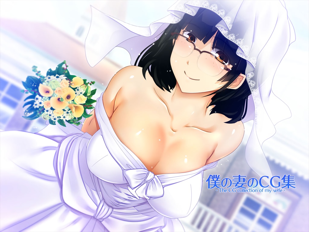 amagasahigasa, black_hair, breasts, brown_eyes, cleavage, flowers, glasses, original, short_hair, wedding_attire